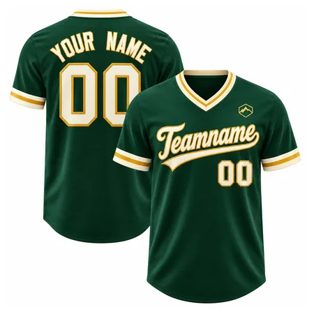 Dark green V-neck baseball jerseys with gold trim, front and back