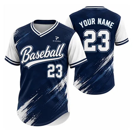 Navy and white V-neck baseball jerseys with brush print, front and back