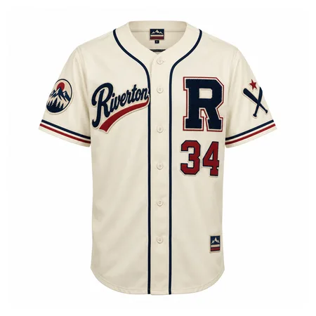 Cream Riverton vintage baseball jersey with R patch and number 34