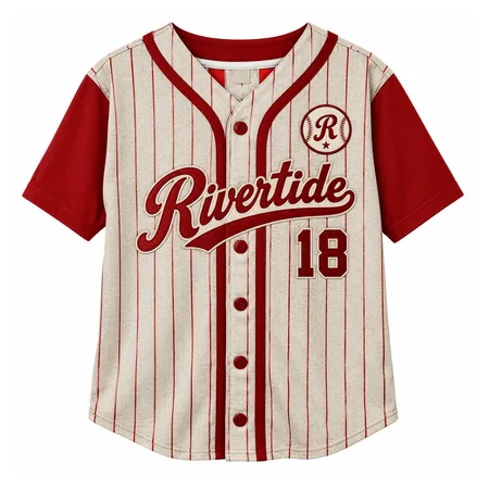 Red pinstripe Rivertide retro baseball jersey with number 18