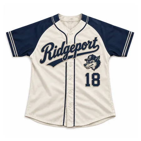 Cream Ridgeport retro baseball jersey with navy sleeves and wolf logo