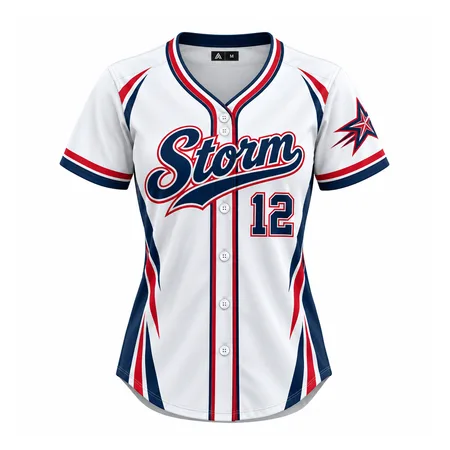 White Storm women's baseball jersey with navy and red trim