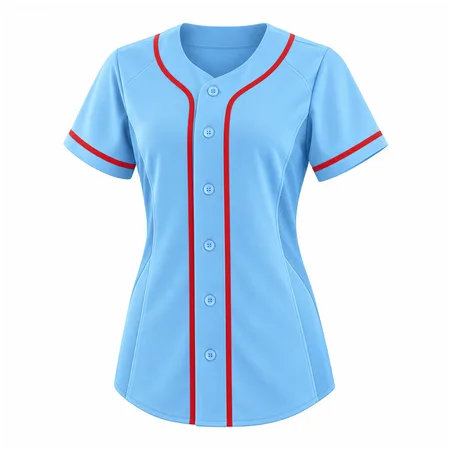 Light blue women's button-up baseball jersey with red piping