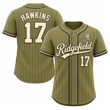 Olive pinstripe Ridgefield youth baseball jerseys with number 17