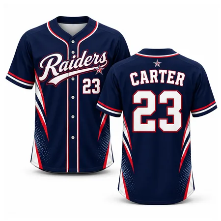 Navy Raiders youth baseball jerseys with red trim and number 23