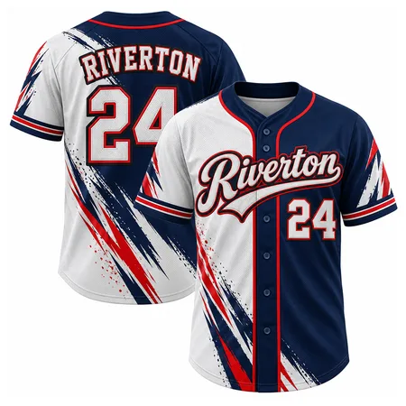 White and navy Riverton youth baseball jerseys with number 24