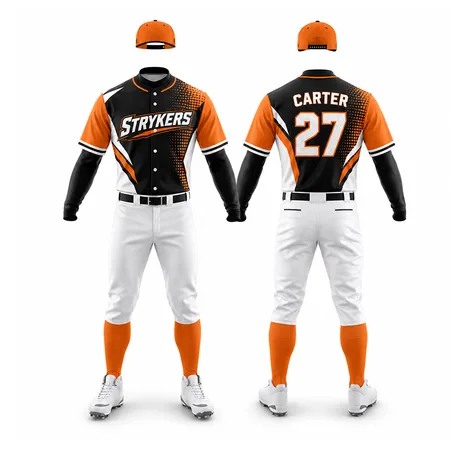 Black and orange Strykers youth baseball uniforms, front and back